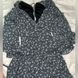 V neck lace half sleeve floral blue and black summer/spring dress.